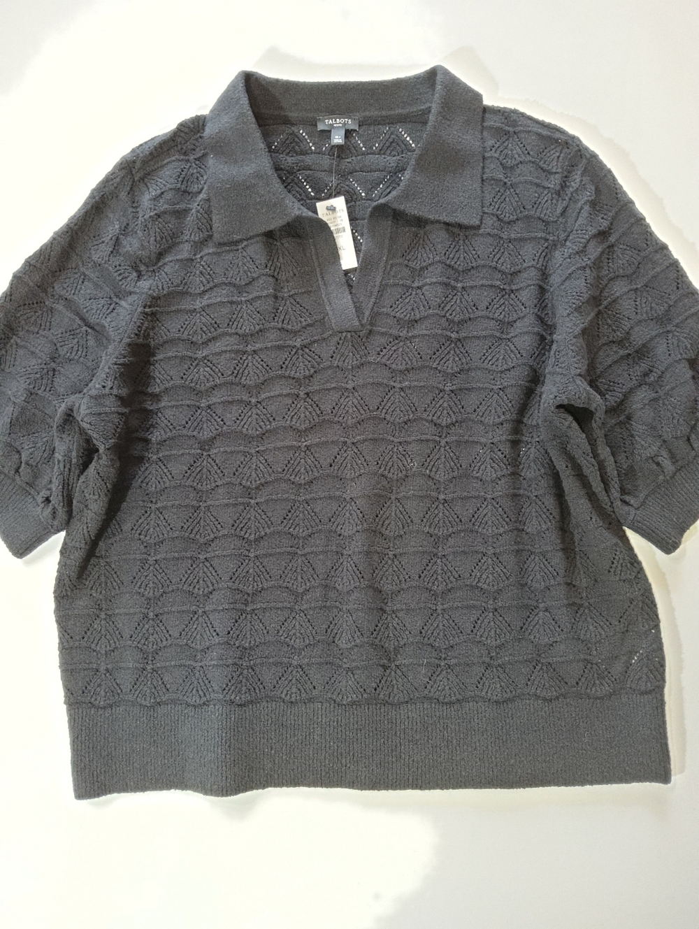 NWT Talbots Pointelle Knit Polo Sweater Womens XLP Black 3/4 Sleeve Quiet Luxury
